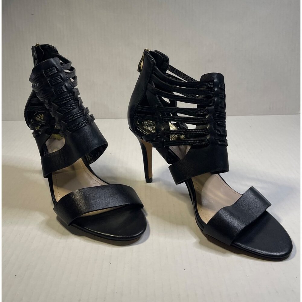 NWOB Vince Camuto Open Toe Zip Strappy Pump Heels Black Leather Shoes Women 7.5